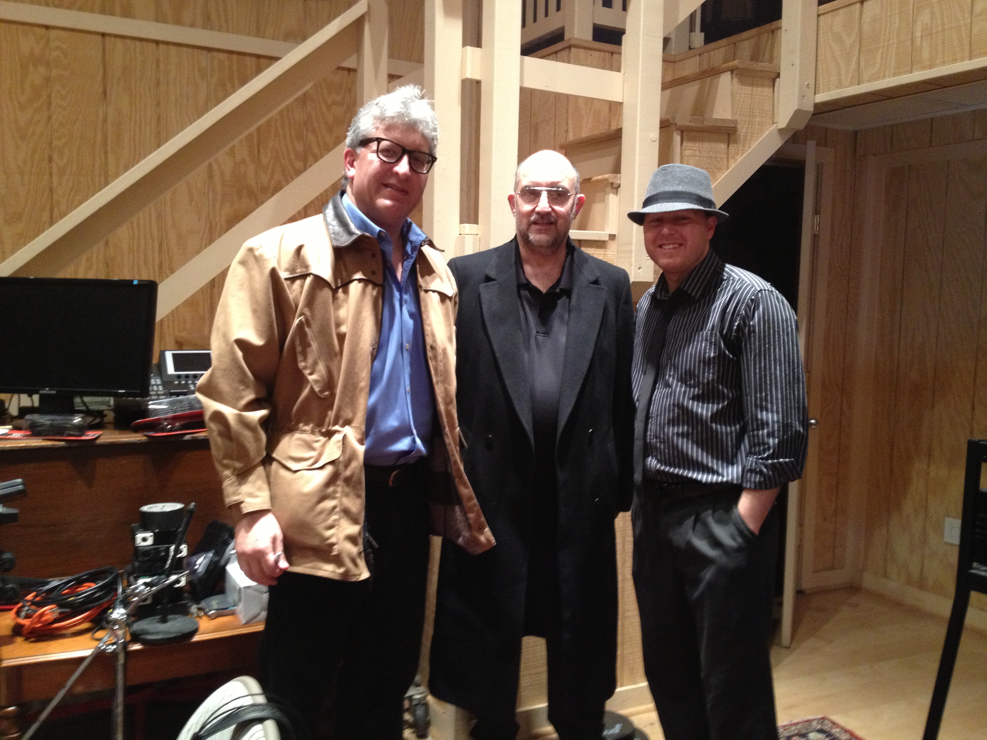 Photo of The producers of the studio recording of A Roadkill Opera (left to right) are Stephan Alexander Parker, Jeff Gruber, and Jeffrey Dokken
