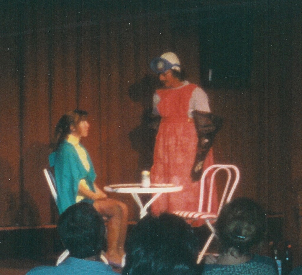 Photo of Cod Piece Dining Room comedy sketch, 1988, with Holly Danner and Ed Bachtel on a singles cruise