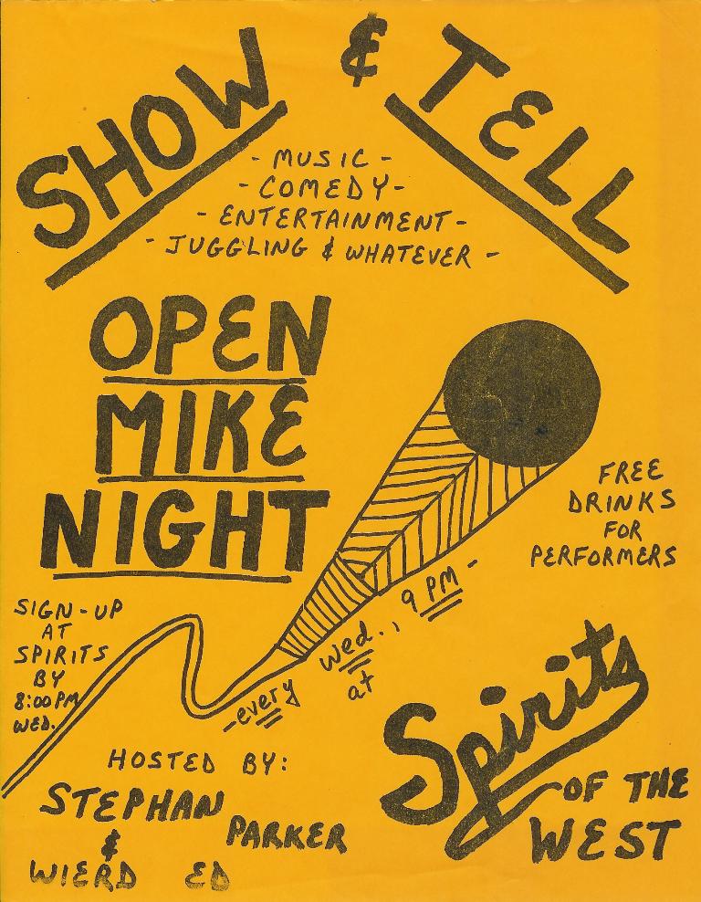 Publicity flier for the Open Mike Night at Spirits of the West