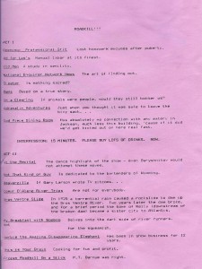 Sketches in the 1988 Roadkill Live!! comedy revue by the Roadkill On A Stick Frozen Foods Theatre Company are shown on page 2 of the program