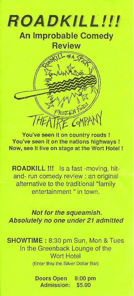 Handbills for the 1988 Roadkill Live!!! improv sketch comedy revue