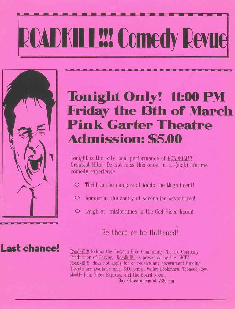 The flyer advertising Roadkill !!! Greatest Hits in March 1992