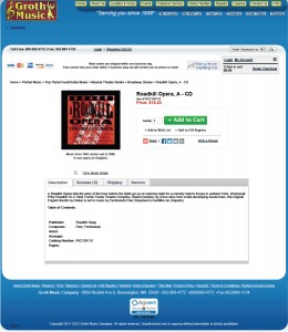 Photo of order page from website for Groth Music, the largest sheet music retailer in Minnesota. Groth sells the CD, Conductor's Score, and parts for A Roadkill Opera