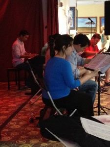 Photo of a backstage view of first vocals rehearsal for A Roadkill Opera at Artomatic 2012 in Crystal City, Arlington, Virginia