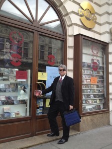 Photo of Stephan Alexander Parker brought CDs of the studio recording of A Roadkill Opera to Da Caruso in Vienna, Austria