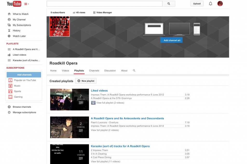 Screenshot of the Roadkill Opera  Youtube channel