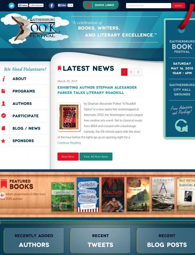 Screen shot of the Gaithersburg Book Festival page for the May 16, 2015 event