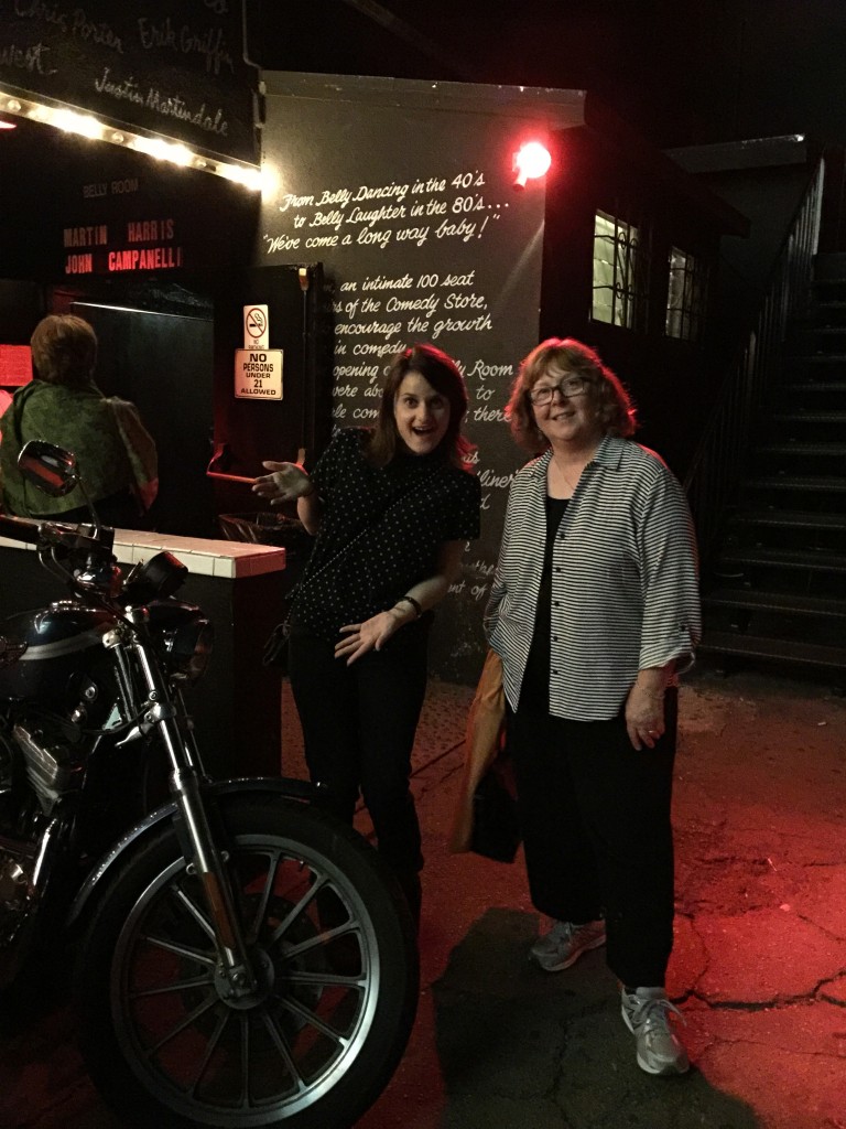 After a successful set in The Belly Room at The Comedy Store on April 17, 2015, Emilia Barrosse shared a laugh with DJ Choupin, merchandising director for A Roadkill Opera.