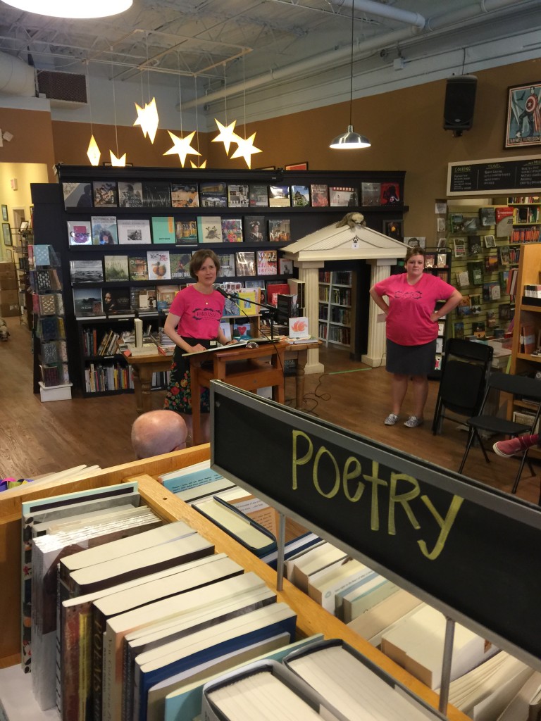 Photo of Ann Patchett at podium speaking inside Parnassus Books