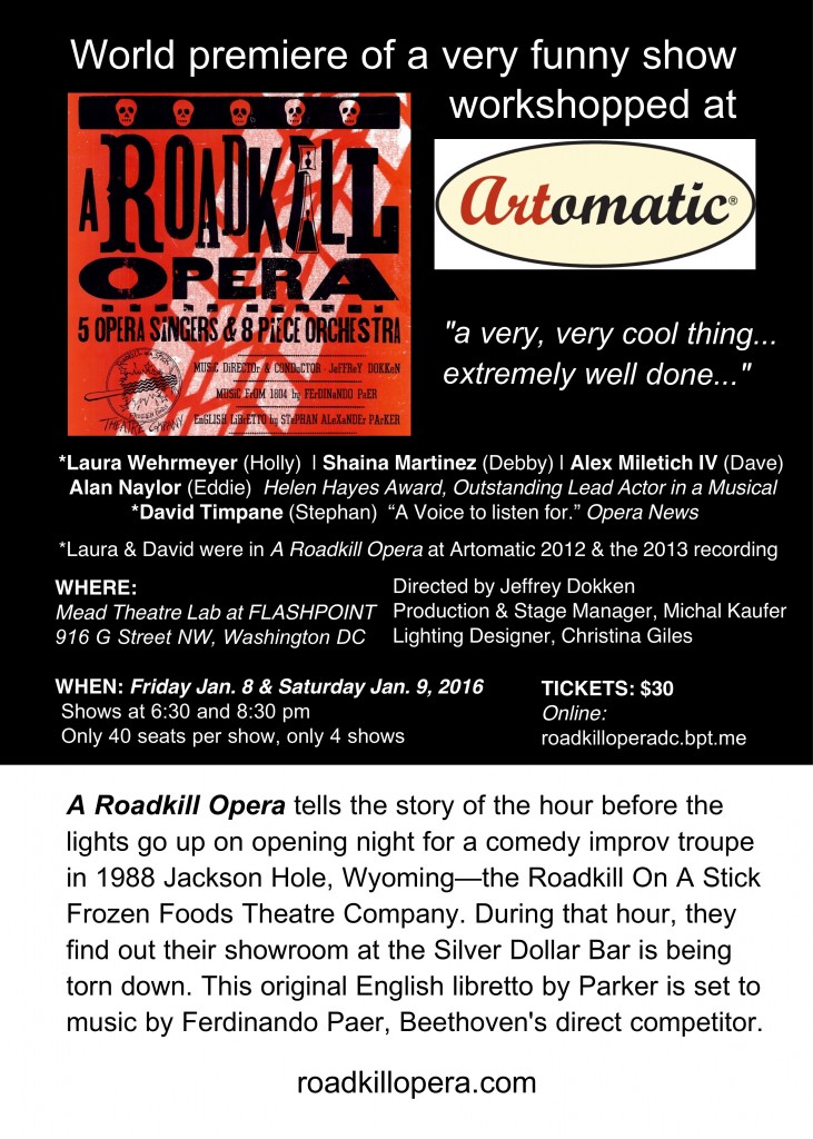Postcard with cast, artistic staff, dates and costs for seeing A Roadkill Opera in Washington DC on January 8-9, 2016
