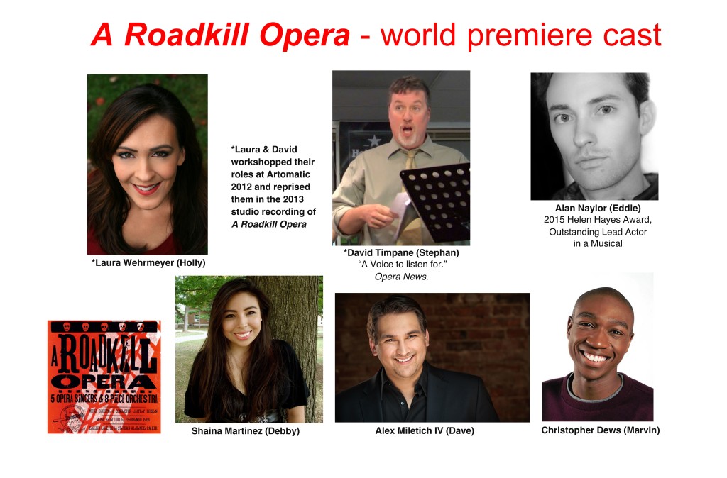Photo showing head shots and names of the cast of A Roadkill Opera - world premiere performances