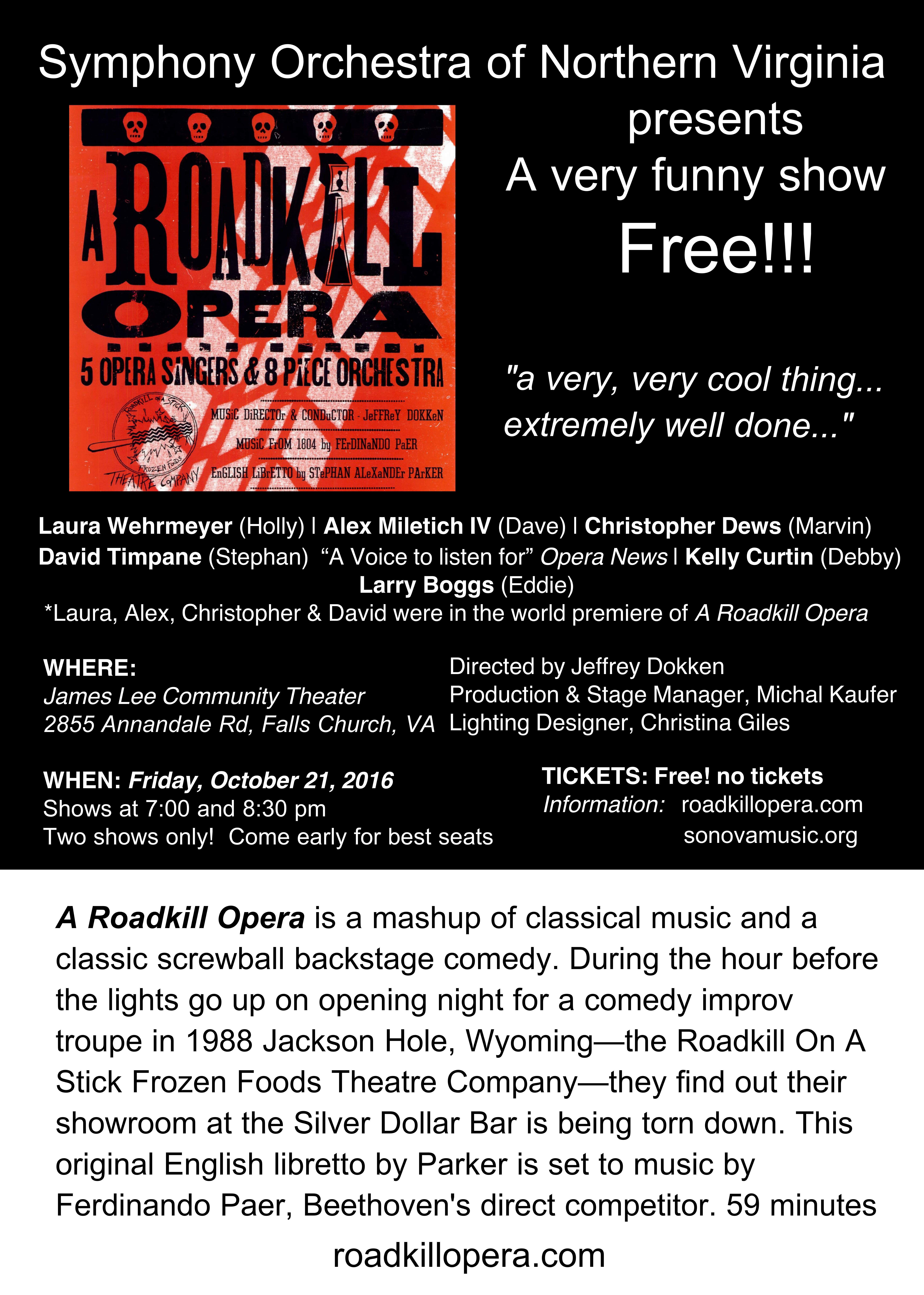 Postcard with details on the October 21, 2016 performances of A Roadkill Opera by the Symphony Orchestra of Northern Virginia