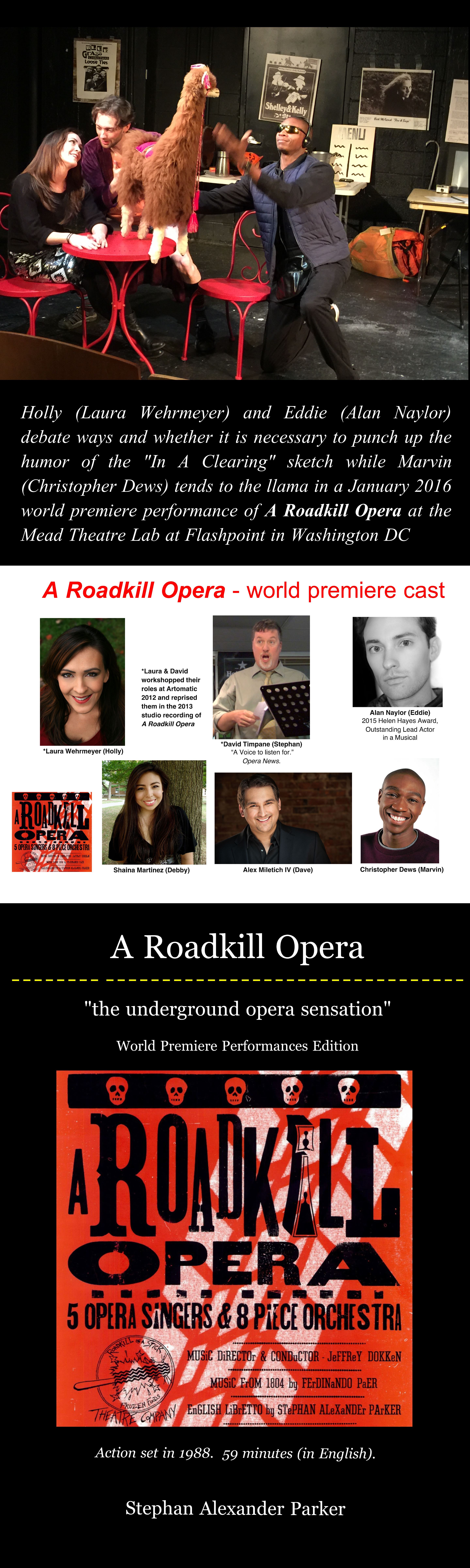 Banner showing the cover of the libretto for A Roadkill Opera, above which are the lobby card showing the cast and an action photo from the January 2016 world premiere performances at the Mead Theatre Lab at Flashpoint in Washington, Dc 