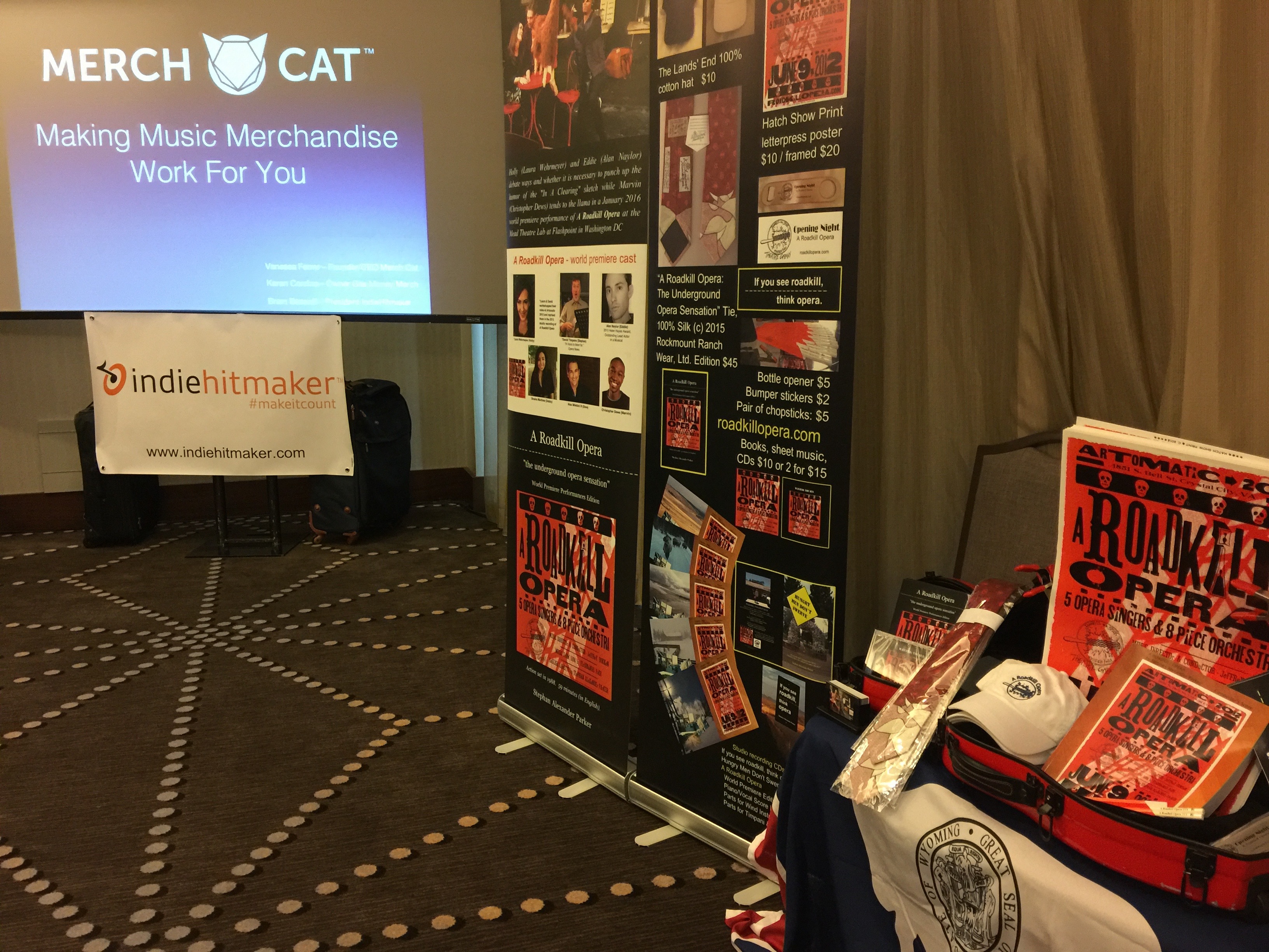 Photo of A Roadkill Opera's merch display in the Merch Cat sessions at CD Baby's DIY Musicians Conference 2017