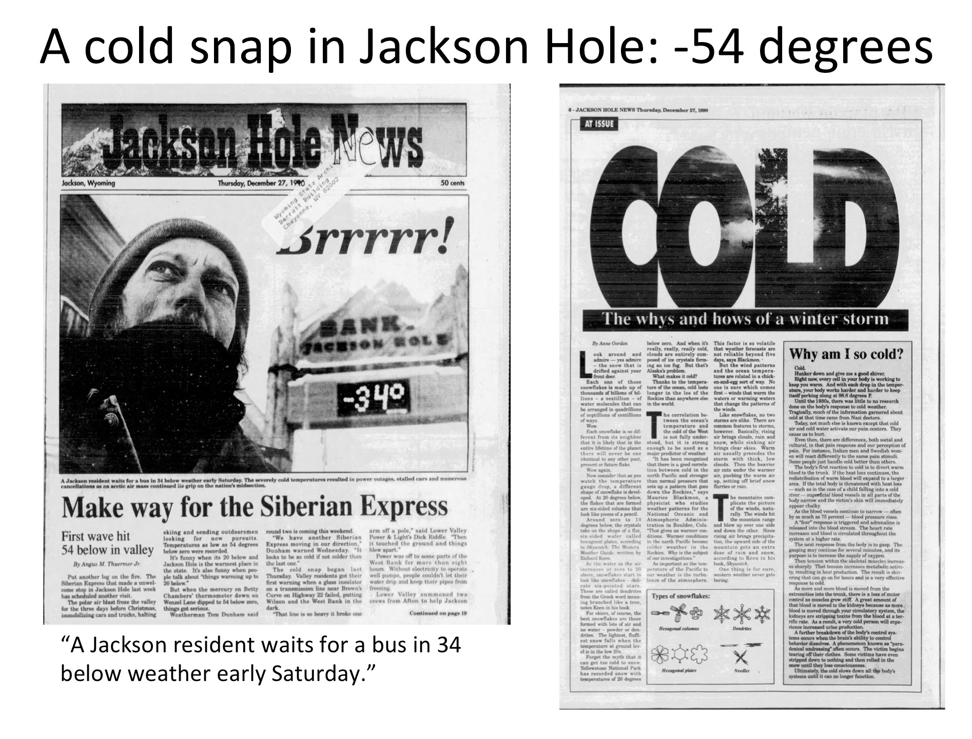 Photo of the front page and another full page from the Jackson Hole News showing a person bundled up next to a banking sign reading -34 degrees in a parking lot. The photos carry a header A cold snap in Jackson Hole: -54 degrees.
