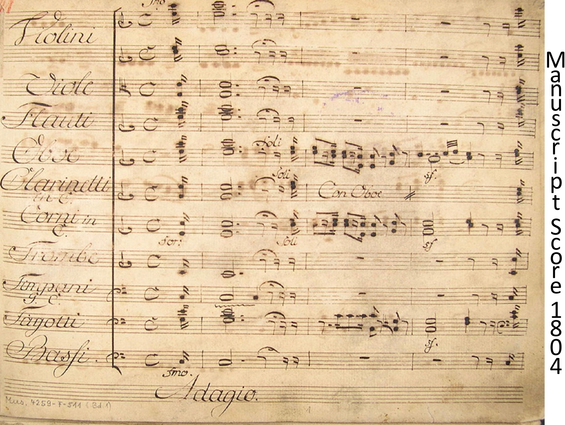 Photo of the yellowed parchment manuscript with the first four bars of music notation for the orchestra for the overture to Ferdinando Paer's 1804 opera Leonora, which is the basis for A Roadkill Opera.