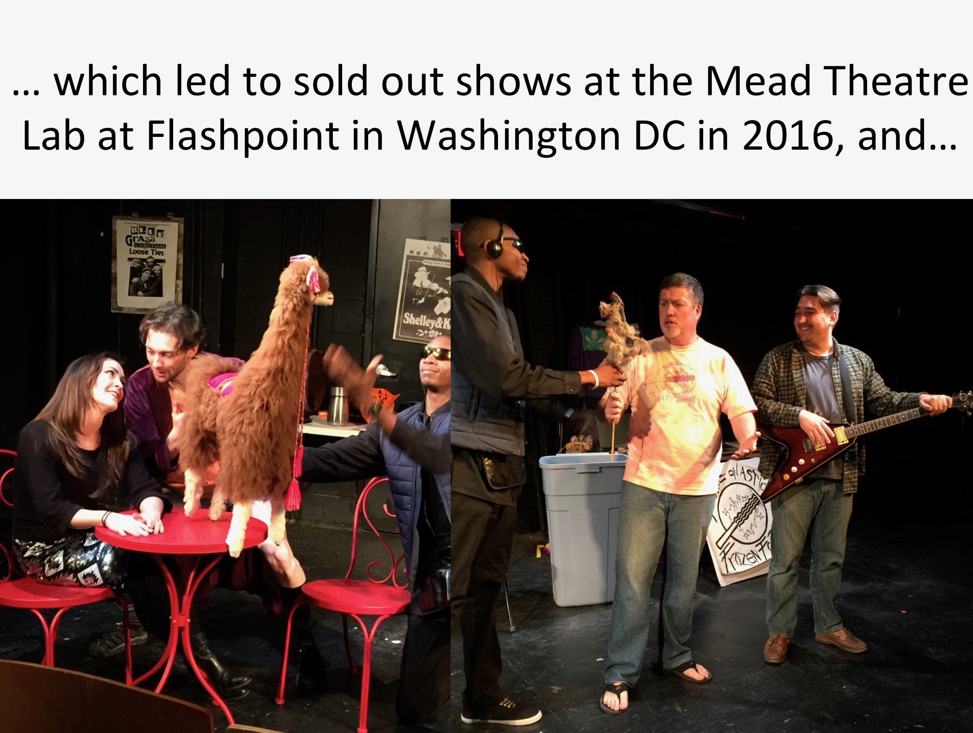 Photos showing the cast and key props such as a llama and a roadkill on a stick during the world premiere run at the Mead Theatre Lab at Flashpoint in Washington DC. 