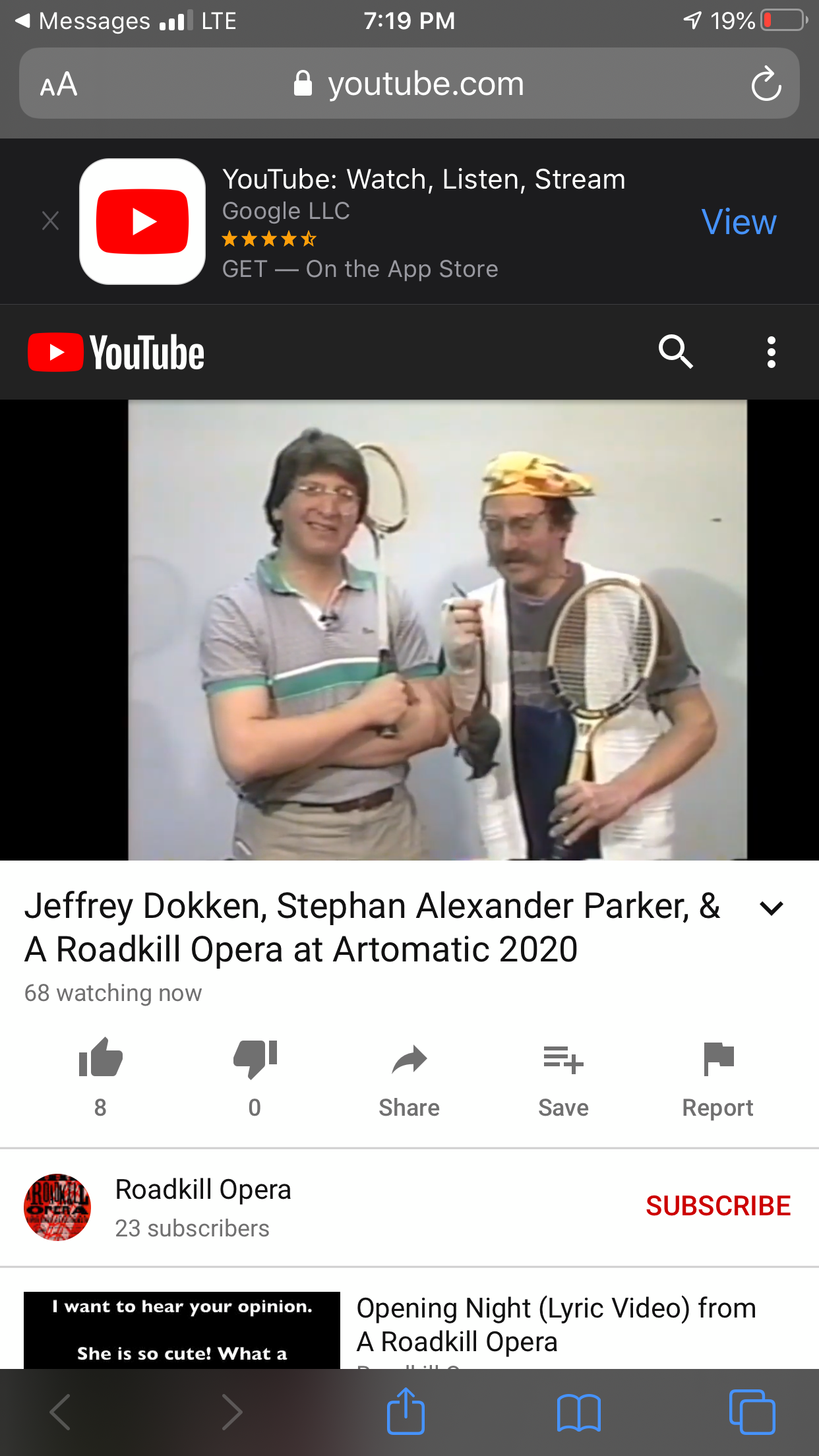 Screenshot of smart phone showing PArker holding a squash racquet, Bachtel holding a tennis racquet and a rubber rat, and text on the screen showing 68 current viewers.