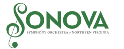Logo with large, green, capital letters SONOVA and small, grey Symphony Orchestra of Northern Virginia