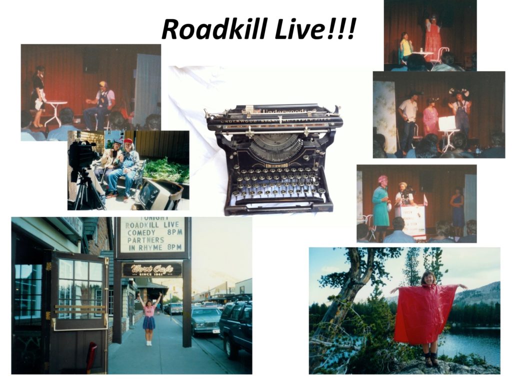 Photo collage showing scenes from Roadkill Live!!! surrounding a photo of an Underwood Standard 1912 manual typewriter. The collage includes scenes of two old men on a bench, three players with animal masks, two players at a cart that says Frozen Roadkills on a Stick, and a woman posed like a cheerleader under the marquis at the Wort Hotel where the sign includes the text Roadkill Livev Comedy 8 pm.
